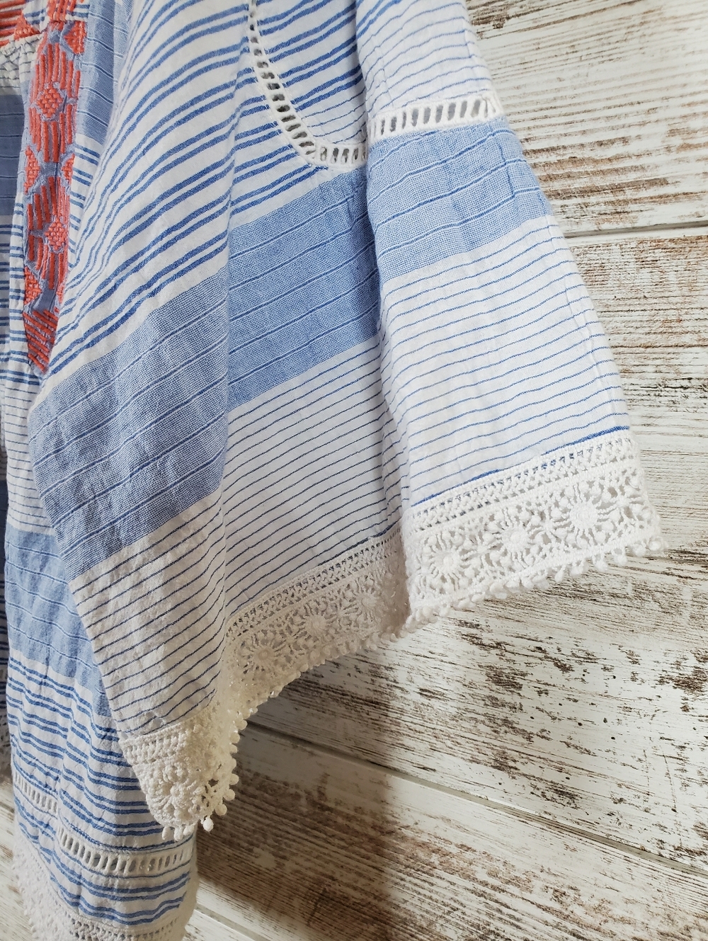 Democracy Blue Striped Boho Peasant Top with Red Embroidery and Lace Trim - Picture 9 of 14